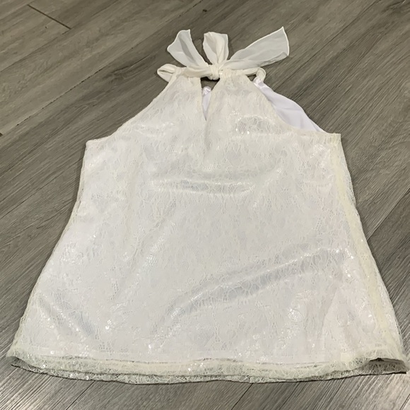 Tahari Black Lace Sparkle Tie White Bow Halter Style Evening Cocktail Blouse - Picture 9 of 10